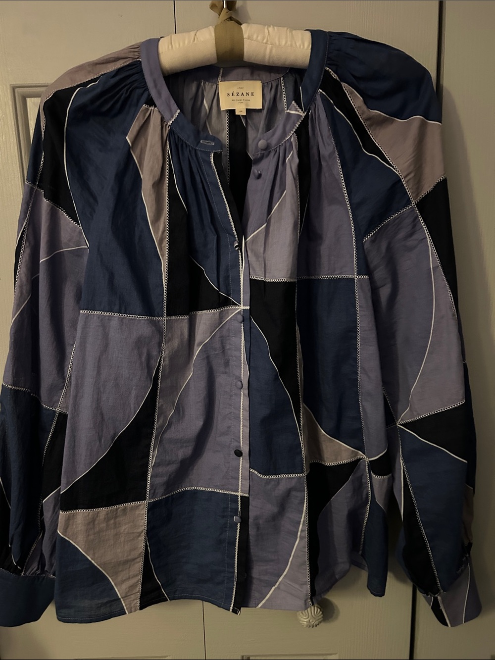 Sézane Patchwork Button-front Blouse in Navy, Black & Gray, sz 44